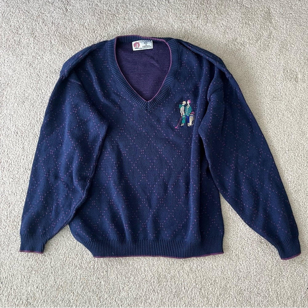 Vintage Isle of Cotton Embroidered Blue Knit‎ Sweater
